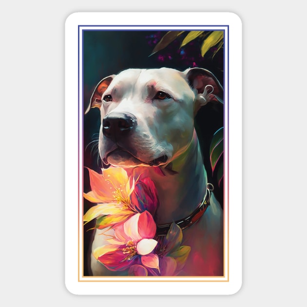 American Staffordshire Terrier Pitbull Vibrant Tropical Flower Tall Digital Oil Painting Portrait  7 Sticker by ArtHouseFlunky